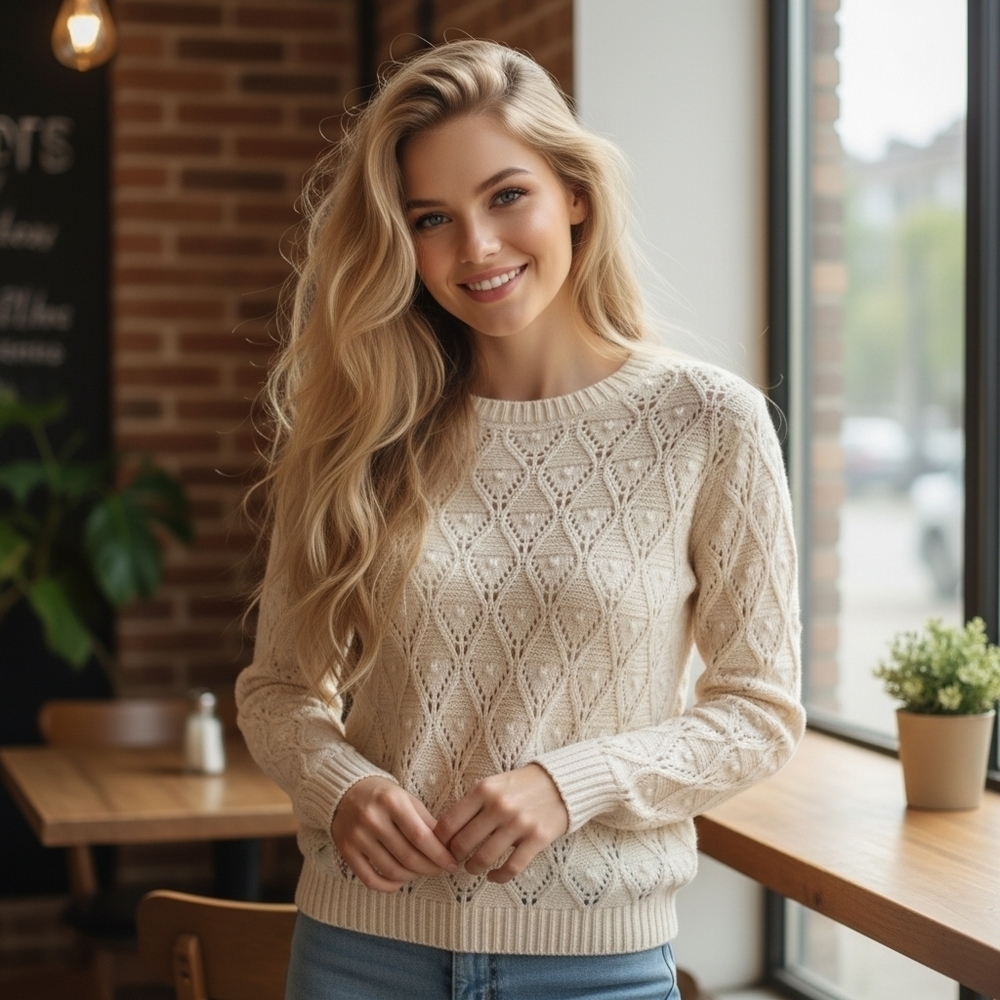 Tommy Hilfiger Cream Color Cotton Pointelle Cableknit Sweater